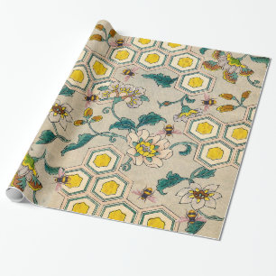 PAPIER CADEAU HONEY BEEHES, BEEHIVES, PRINTEMPS FLEURS BEEKEEPER