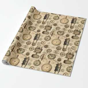 Papier Cadeau Horloge ancienne engrenage Parchmin Brun