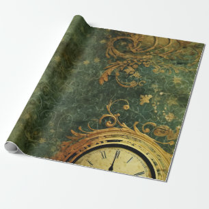 Papier Cadeau Horloge antique émeraude verte Steampunk