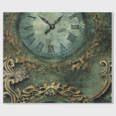 Papier Cadeau Horloge Steampunk Rustique Vert Émeraude (Plat)
