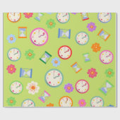 Papier Cadeau Horloges modernes et fête verte aux fleurs (Plat)