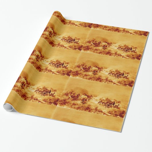 Papier Cadeau HORSES GRAZER, Brown antique Orange Jaune (Déroulé)