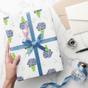 Papier Cadeau Hortensia bleu dans un motif floral de vase vert