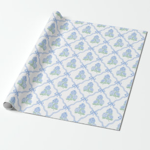 Papier Cadeau Hortensia bleu prépa avec treillis à nœud bleu