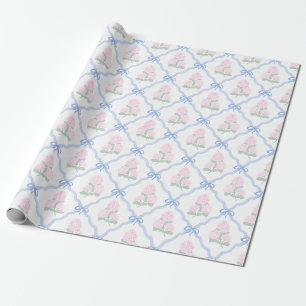 Papier Cadeau Hortensia rose prépa avec treillis à nœud bleu