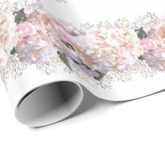 Papier Cadeau Hortensias romantiques blancs roses, fleurs blanch