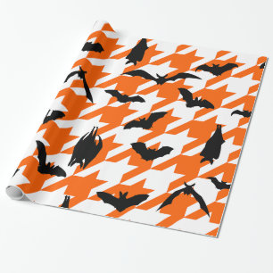 Papier Cadeau houndstooth orange halloween chauves-souris noires