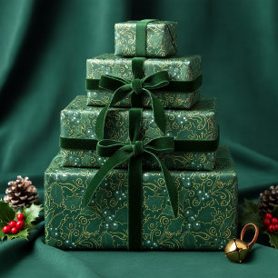 Papier Cadeau Houx à filigrane doré et vert foncé ID1220