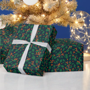 Papier Cadeau Houx de Noël Botanique Verdure Navy
