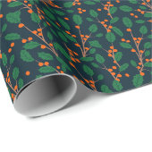 Papier Cadeau Houx de Noël Botanique Verdure Navy (Coin rond)