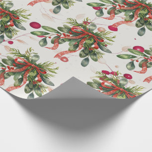 Papier Cadeau Houx de Noël Ruban Rouge Feuillage