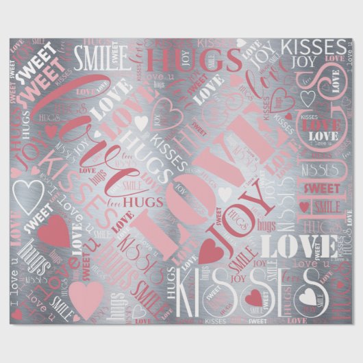 Papier Cadeau Hugs and Kisses Word Cloud Pink/Silver ID286 (Plat)