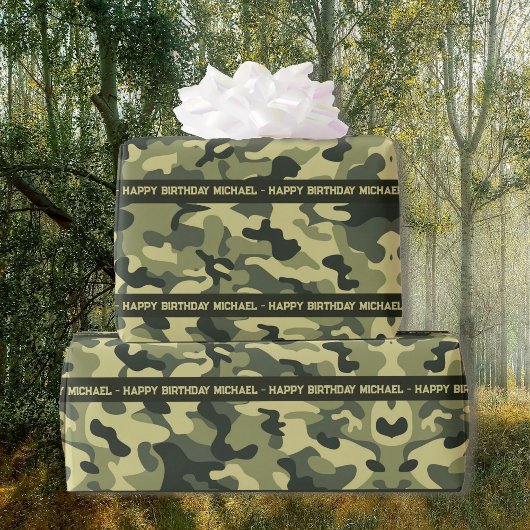 Papier Cadeau Hunter Woods Camo Ajouter texte et nom Anniversair