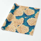 Papier Cadeau Hydrangea aquarelle motif, jaune et bleu (Déroulé)