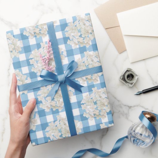 Papier Cadeau Hydrangea Blanc Sur En vichy Bleu (Cadeaux)