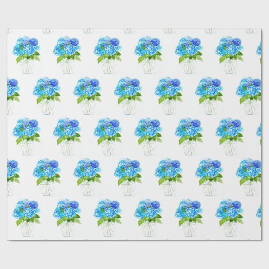 Papier Cadeau Hydrangea floral Bleu Fleurs Aquarelle Rustique (Plat)