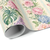 Papier Cadeau Hydrangea Rose Florale Tropicale Rayure Cadeau (Coin rond)