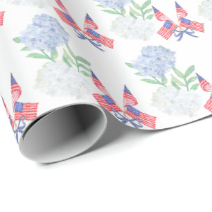 Papier Cadeau Hydrangeas et drapeaux américains du 4 juillet à l