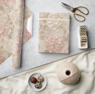 Papier Cadeau Hydrangeas Roses Fleur Or Elégant 