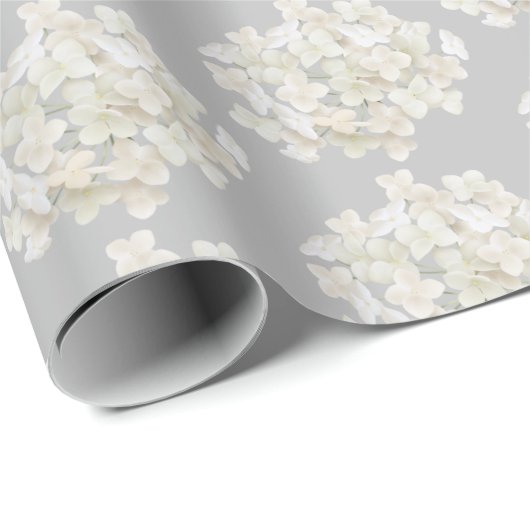 Papier Cadeau Hydrangée blanche sur argent (Coin rond)