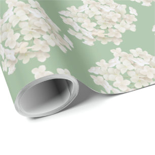 Papier Cadeau Hydrangée Blanche Sur Vert Sage