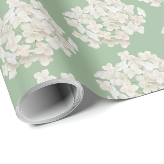 Papier Cadeau Hydrangée Blanche Sur Vert Sage (Coin rond)