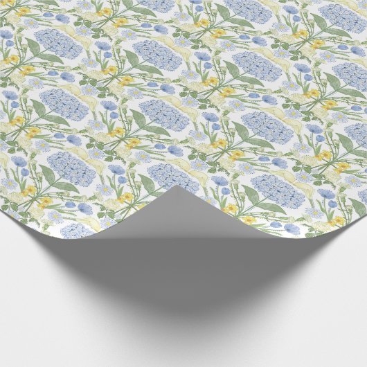 Papier Cadeau Hydrangée bleue, jonquilles et roses (Coin)