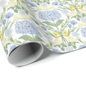 Papier Cadeau Hydrangée bleue, jonquilles et roses (Coin rond)
