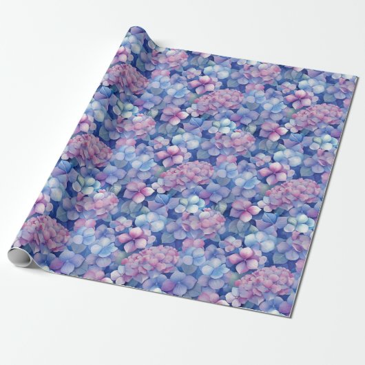 Papier Cadeau Hydrangée rose bleu florale en fleur (Déroulé)