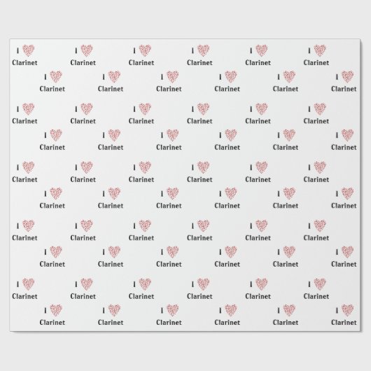 Papier Cadeau I Love Clarinet Red Heart of Music Notes (Plat)