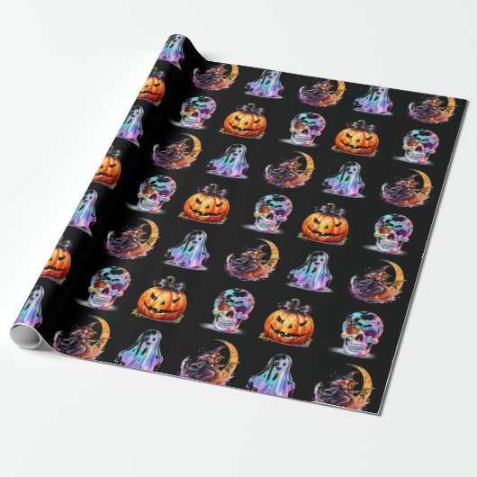 Papier Cadeau Icônes conviviales Grille Halloween Black Fun Holi (Déroulé)