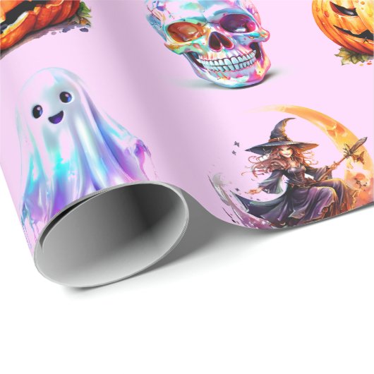 Papier Cadeau Icônes conviviales Grille Halloween Pink Fun Holid (Coin rond)