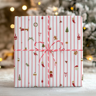 Papier Cadeau Icônes Rétro Mignonnes de Noël à Rayures Roses