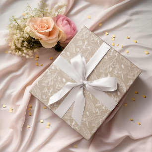 Papier Cadeau Iivoire Ecru Feuille motif floral sur Taupe Brown