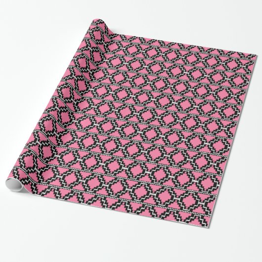 Papier Cadeau Ikat Aztec Tribal - Fuchsia rose, noir et blanc (Déroulé)