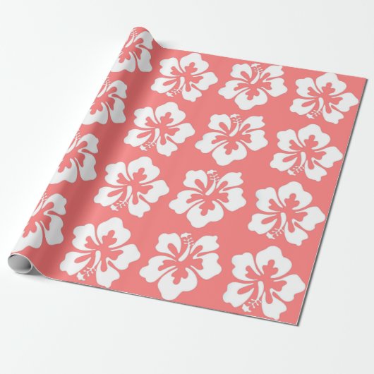 Papier Cadeau Ile tropicale Hibiscus hawaïen Fleur Corail (Déroulé)