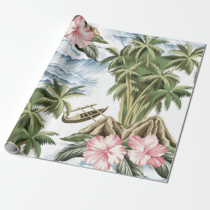 Papier Cadeau Ile vintage hawaïenne, palmier, bateau, rose 