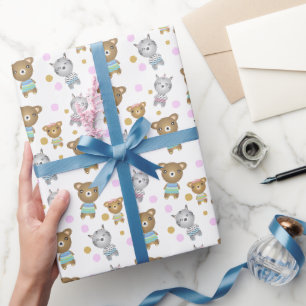 Papier Cadeau Illustration de Bébé Ours et Zèbre