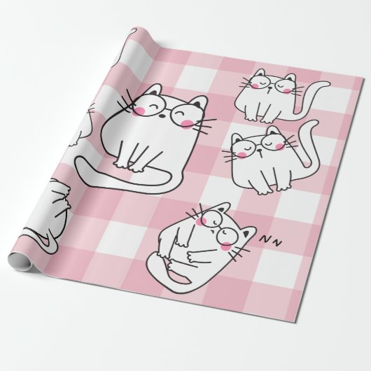 Papier Cadeau Illustration de chat rose joueuse (Déroulé)