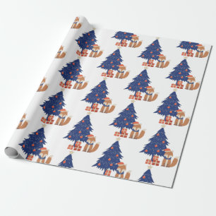 Papier Cadeau Illustration de la Renard de Noël rouge bleu
