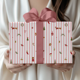 Papier Cadeau Illustration de Noël à rayures roses modernes