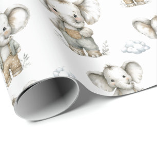 Papier Cadeau Illustration d'éléphants bébé garçon en aquarelle