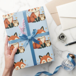 Papier Cadeau Illustration fantaisiste de renard et de hibou de