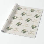 Papier Cadeau Illustration florale blanche simple | Cadeau Maria<br><div class="desc">Belle, simple et classique. Cette illustration botanique vintage d'une seule fleur et feuillage blanc de Camellia a l'air époustouflant dressé contre un arrière - plan crème. Le texte est dans un style de script et de couleur or. Tous ensemble pour former le design parfait pour un thème de mariage simple,...</div>