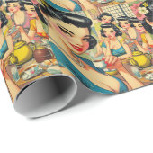 Papier Cadeau Illustration Retro Cute Asian Girl (Coin rond)