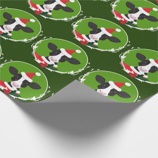 Papier Cadeau Illustration Vache Santa Hat Green Novelty Noël (Coin)