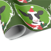 Papier Cadeau Illustration Vache Santa Hat Green Novelty Noël (Coin rond)
