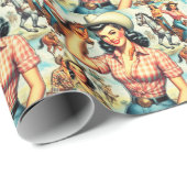 Papier Cadeau Illustration vintage de Cowgirl sans joint (Coin rond)