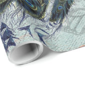 Papier Cadeau Illustration vintage Peacock et Rose (Coin rond)