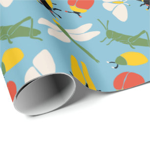 Papier Cadeau Illustrations des insectes de bogues rétro bleu c
